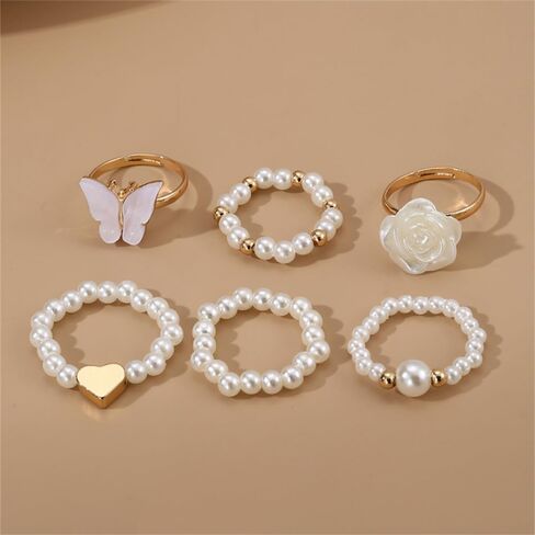 Dainty Pearl Ring Set White Rose Butterfly Rice Bead Elastic Ring for Women Party Graduation Ceremony Daily Accessories Jewelry Gifts in Saudi Arabia