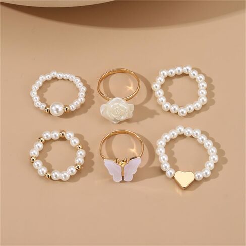 Dainty Pearl Ring Set White Rose Butterfly Rice Bead Elastic Ring for Women Party Graduation Ceremony Daily Accessories Jewelry Gifts in Saudi Arabia