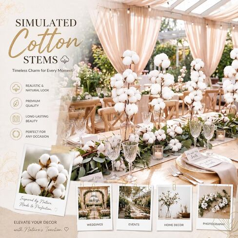 Suncalla 24 Pcs Natural Cotton Stems with 45 Bolls, 16" Clean Dried Cotton Branches 3 Form Assortment, Airy Farmhouse Decor Floral Arrangement Vase Filler for Summer Home Wedding Countertop in Kuwait