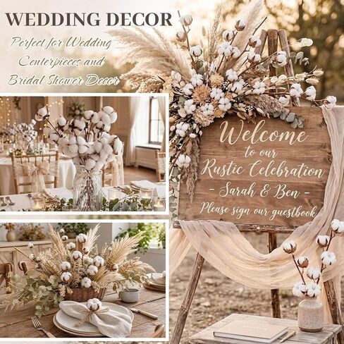 Suncalla 24 Pcs Natural Cotton Stems with 45 Bolls, 16" Clean Dried Cotton Branches 3 Form Assortment, Airy Farmhouse Decor Floral Arrangement Vase Filler for Summer Home Wedding Countertop in Kuwait