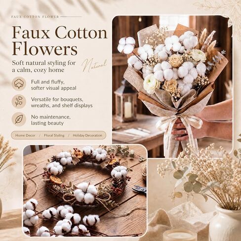 Suncalla 24 Pcs Natural Cotton Stems with 45 Bolls, 16" Clean Dried Cotton Branches 3 Form Assortment, Airy Farmhouse Decor Floral Arrangement Vase Filler for Summer Home Wedding Countertop in Kuwait