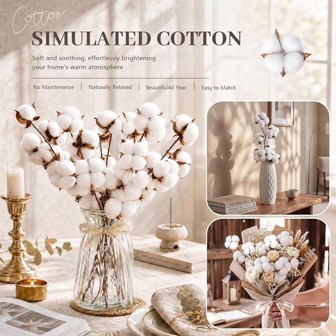 Suncalla 24 Pcs Natural Cotton Stems with 45 Bolls, 16" Clean Dried Cotton Branches 3 Form Assortment, Airy Farmhouse Decor Floral Arrangement Vase Filler for Summer Home Wedding Countertop in Kuwait