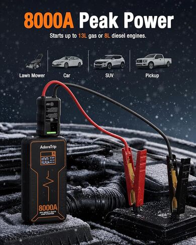 بطارية محمولة بطارية قفزة starter 8000 ذروة AMP / 960 Cold Cranking AMP 12V Smart Display Clables مع بدء القوة لدعم السيارة لمحركات الديزل الغاز / 8L ، 48 شهرًا في وضع الاستعداد in Kuwait