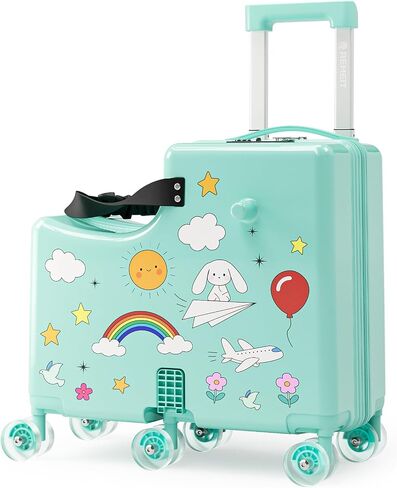 Ride On Suitcase for Kids, Kids Ride On Luggage with Wheels, Hard Shell Kids Suitcase with TSA Lock, Foldable Pedal, Cup Holder, Safety Belt & 6 Spinner Wheels, Toddler Carry On Luggage, Green in Saudi Arabia