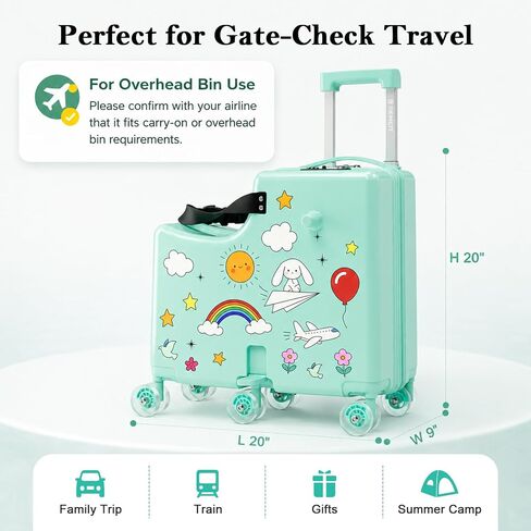 Ride On Suitcase for Kids, Kids Ride On Luggage with Wheels, Hard Shell Kids Suitcase with TSA Lock, Foldable Pedal, Cup Holder, Safety Belt & 6 Spinner Wheels, Toddler Carry On Luggage, Green in Saudi Arabia