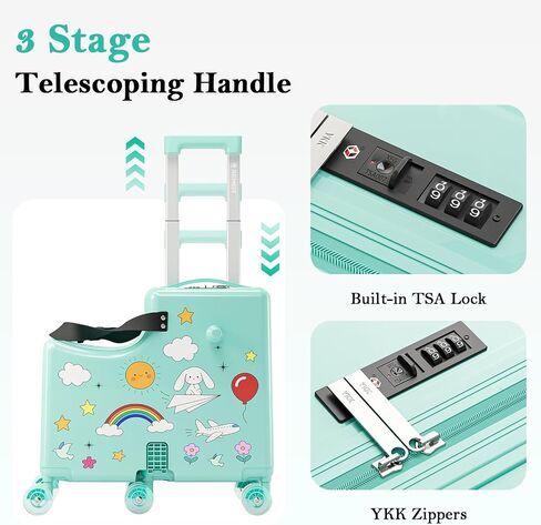 Ride On Suitcase for Kids, Kids Ride On Luggage with Wheels, Hard Shell Kids Suitcase with TSA Lock, Foldable Pedal, Cup Holder, Safety Belt & 6 Spinner Wheels, Toddler Carry On Luggage, Green in Saudi Arabia