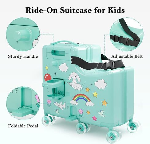 Ride On Suitcase for Kids, Kids Ride On Luggage with Wheels, Hard Shell Kids Suitcase with TSA Lock, Foldable Pedal, Cup Holder, Safety Belt & 6 Spinner Wheels, Toddler Carry On Luggage, Green in Saudi Arabia