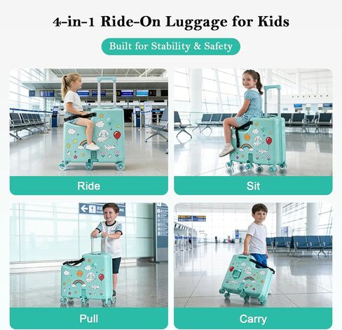 Ride On Suitcase for Kids, Kids Ride On Luggage with Wheels, Hard Shell Kids Suitcase with TSA Lock, Foldable Pedal, Cup Holder, Safety Belt & 6 Spinner Wheels, Toddler Carry On Luggage, Green in Saudi Arabia