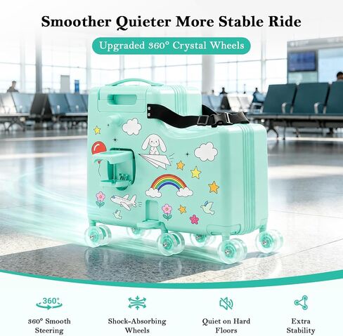 Ride On Suitcase for Kids, Kids Ride On Luggage with Wheels, Hard Shell Kids Suitcase with TSA Lock, Foldable Pedal, Cup Holder, Safety Belt & 6 Spinner Wheels, Toddler Carry On Luggage, Green in Saudi Arabia