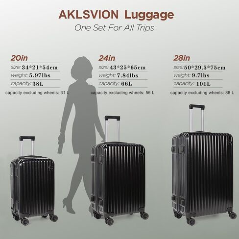 3-Piece Hardside Luggage Set, ABS+PC Spinner Suitcase with Anti-Burst Zipper & Built-in Lock, 20/24/28 Inch (black) in Saudi Arabia