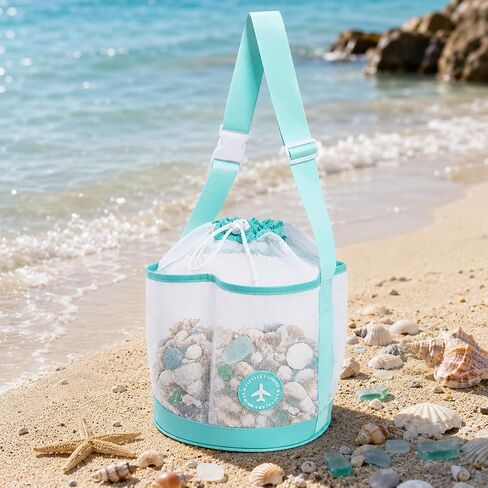 Mesh Seashell Collection Bag with Adjustable Shoulder Strap, Double-Layer Sand Filtering Design, Foldable Beach Treasure Carrier for Shells, Sea Glass, Shark Teeth, Camping and Family Vacations in Saudi Arabia