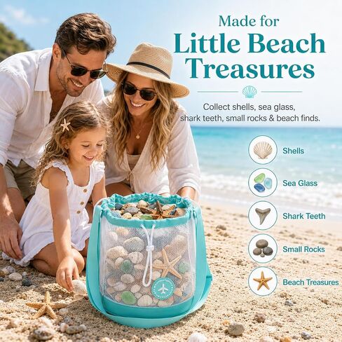 Mesh Seashell Collection Bag with Adjustable Shoulder Strap, Double-Layer Sand Filtering Design, Foldable Beach Treasure Carrier for Shells, Sea Glass, Shark Teeth, Camping and Family Vacations in Saudi Arabia