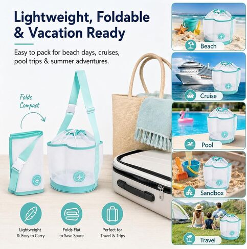 Mesh Seashell Collection Bag with Adjustable Shoulder Strap, Double-Layer Sand Filtering Design, Foldable Beach Treasure Carrier for Shells, Sea Glass, Shark Teeth, Camping and Family Vacations in Saudi Arabia