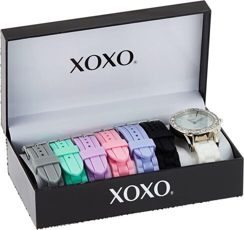 XOXO Women’s Silver-Tone Analog Watch with Crystal-Accent Bezel – 7 Interchangeable Silicone Bands – Stylish Quartz Timepiece with Adjustable Fit – Gift-Ready Box in Saudi Arabia