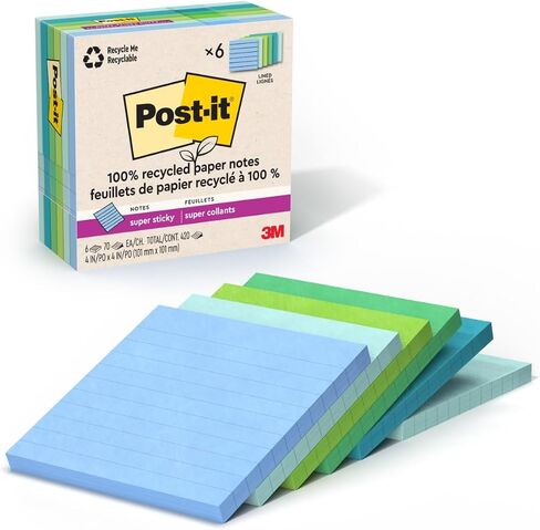 Post-it 100% Recycled Paper Super Sticky Notes, Lined, 4 in. x 4 in., 6 Pads, 70 Sheets per Pad, Oasis Collection, School Supplies and Office Products in Saudi Arabia