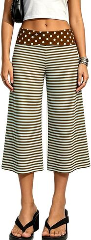 Women's Flowy Foldover Culottes, Comfortable Wide Leg Palazzo Yoga Capri Pants, Low Rise Gauchos Lounge Trousers in Kuwait