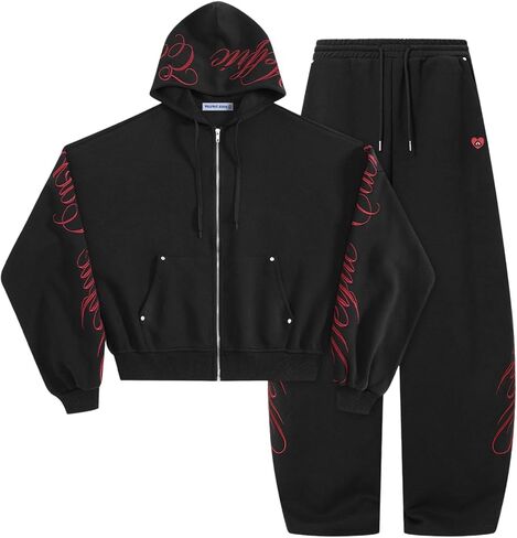Aelfric Eden Boxy Embroidery Sweat Set for Women Men Oversized 2 Piece Lounge Matching Set Zip Up Hoodie Casual Streetwear in Kuwait