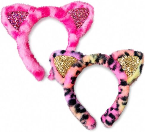Cat Ears Headband 2 Pack, Sparkly Glitter Leopard Cat Ear Headbands for Women Girls, Halloween Costume Accessories in Saudi Arabia