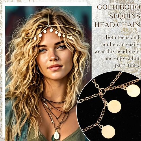 Boho Sequin Head Chain Gold Teardrop Forehead Headpiece Egyptian Layered Hair Chain Bohemia Festival Party Head Jewelry Hair Accessories for Women in Saudi Arabia