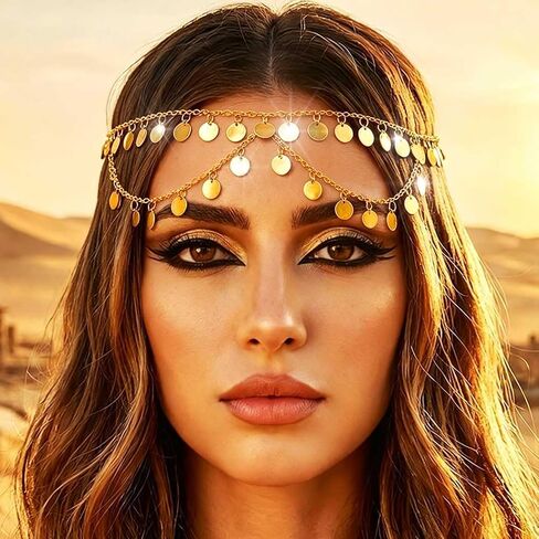 سلسلة رأس ذهبية للنساء ذات طبقات من الترتر وعصابة رأس مصرية سلسلة إكسسوارات شعر بوهيمية للمهرجانات وحفلات الزفاف (ذهبي-3) in Kuwait
