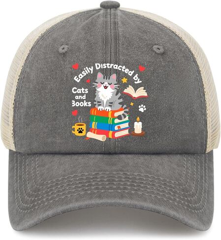 Easily Distract by Cats and Books Hats for Women Funny Washed Distressed in Kuwait