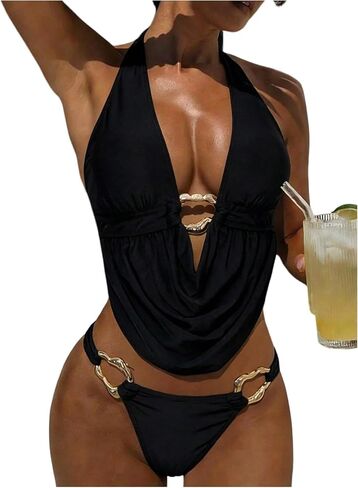 MakeMeChic Women's Tankini Swimsuits Summer Draped Backless Halter High Cut Two Piece Bathing Suits in Kuwait
