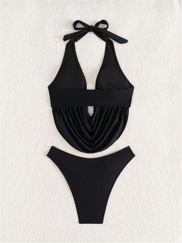 MakeMeChic Women's Tankini Swimsuits Summer Draped Backless Halter High Cut Two Piece Bathing Suits in Kuwait