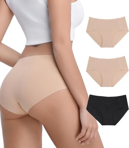 OWNFUN Womens Seamless Underwear Laser Cut No Show Panties Invisible Mid Rise Ladies Hipster Briefs with Modal Crotch 3-Pack in Kuwait