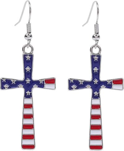 Red White and Blue Earrings for Women, American Flag Cross Dangle Earrings, Patriotic Stars and Stripes Jewelry for 4th of July Memorial Day, E34I in Kuwait