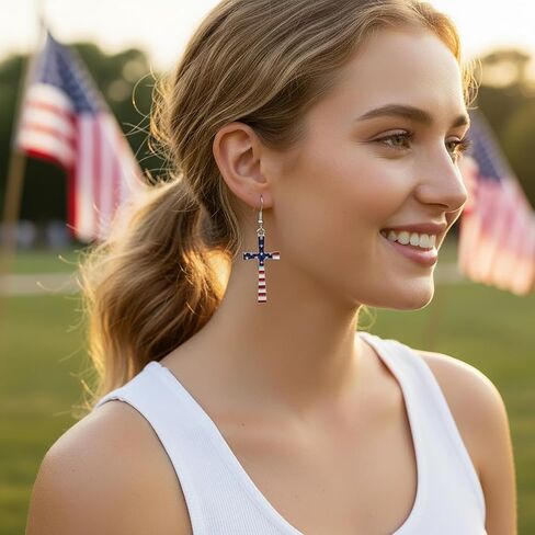 Red White and Blue Earrings for Women, American Flag Cross Dangle Earrings, Patriotic Stars and Stripes Jewelry for 4th of July Memorial Day, E34I in Kuwait