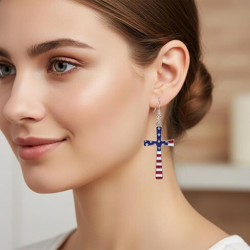 Red White and Blue Earrings for Women, American Flag Cross Dangle Earrings, Patriotic Stars and Stripes Jewelry for 4th of July Memorial Day, E34I in Kuwait