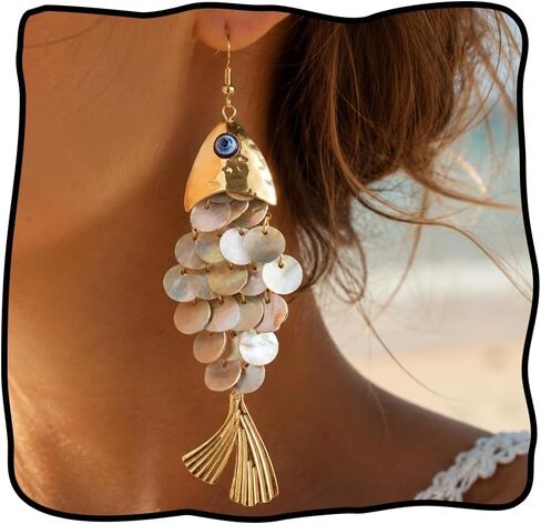 Gold Articulated Fish Earrings for Women Gold Tone Shimmering Scale Dangle Earrings Lightweight Shell Fish Tail Drop Ear-rings Summer Beach Hawaiian Ocean Jewelry Accessories Gift in Saudi Arabia