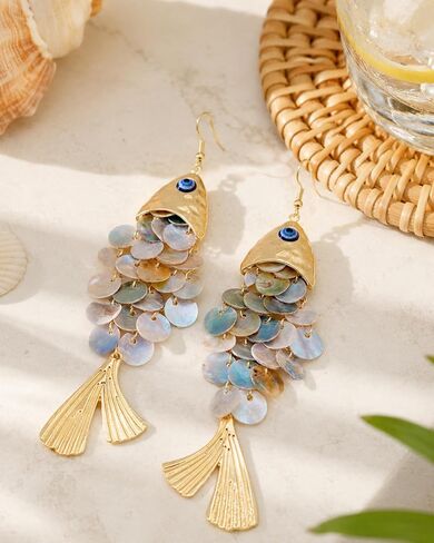 Gold Articulated Fish Earrings for Women Gold Tone Shimmering Scale Dangle Earrings Lightweight Shell Fish Tail Drop Ear-rings Summer Beach Hawaiian Ocean Jewelry Accessories Gift in Saudi Arabia