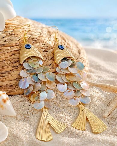 Gold Articulated Fish Earrings for Women Gold Tone Shimmering Scale Dangle Earrings Lightweight Shell Fish Tail Drop Ear-rings Summer Beach Hawaiian Ocean Jewelry Accessories Gift in Saudi Arabia
