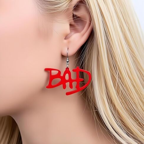Red BAD Acrylic Dangle Earrings, Graffiti Letter Drop Earrings, 2.0 x 1.2 Inch in Kuwait