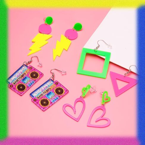 4 Pairs 80s 90s Neon Earrings for Women Retro Acrylic Jewelry for Glow Party Accessories Halloween Cosplay Music Festival Costume in Saudi Arabia