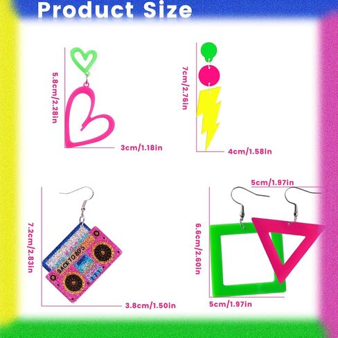 4 Pairs 80s 90s Neon Earrings for Women Retro Acrylic Jewelry for Glow Party Accessories Halloween Cosplay Music Festival Costume in Saudi Arabia