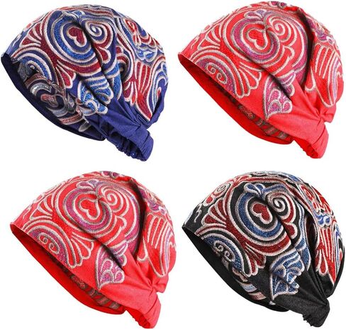 4 Pcs Women Ethnic Style Head Wrap Beanie Caps Vintage Flower Embroidery Elastic Bandanas Hat in Saudi Arabia