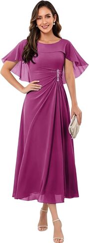 Tea Length Mother of The Bride Dresses for Women Crystal Brooch Chiffon Cloak Formal Evening Dress with Bat Sleeves in Kuwait
