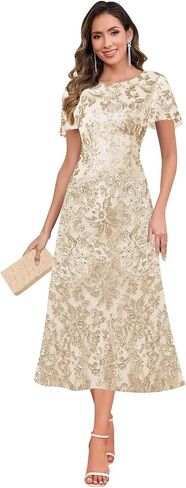 Sequin Mother of The Bride Dresses Scoop Neck Tea Length Formal Dresses Evening Gown in Kuwait