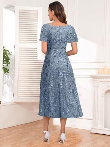Sequin Mother of The Bride Dresses Scoop Neck Tea Length Formal Dresses Evening Gown in Kuwait