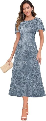 Sequin Mother of The Bride Dresses Scoop Neck Tea Length Formal Dresses Evening Gown in Kuwait