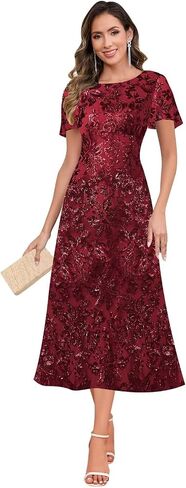 Sequin Mother of The Bride Dresses Scoop Neck Tea Length Formal Dresses Evening Gown in Saudi Arabia