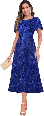 Sequin Mother of The Bride Dresses Scoop Neck Tea Length Formal Dresses Evening Gown in Kuwait