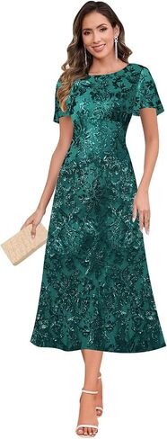 Sequin Mother of The Bride Dresses Scoop Neck Tea Length Formal Dresses Evening Gown in Kuwait