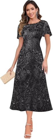 Sequin Mother of The Bride Dresses Scoop Neck Tea Length Formal Dresses Evening Gown in Kuwait