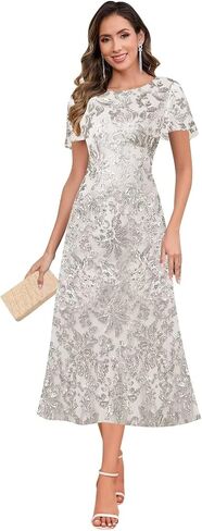 Sequin Mother of The Bride Dresses Scoop Neck Tea Length Formal Dresses Evening Gown in Kuwait