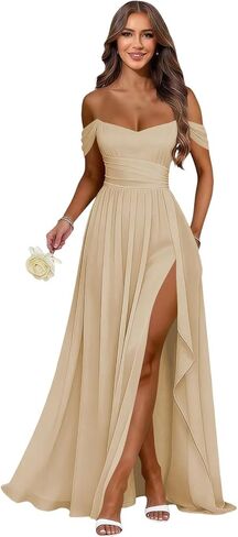 Jicht Women's Long Chiffon Bridesmaid Dresses with Slit Off Shoulder A-Line Formal Prom Evening Gown Maxi Wedding Guest Dress in Saudi Arabia