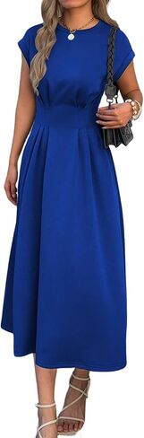 Women Summer Maxi Dress Cap Sleeve Crewneck Ruched Waist Casual Work Office Basic Long Tshirt Dress Beach Sundresses in Saudi Arabia