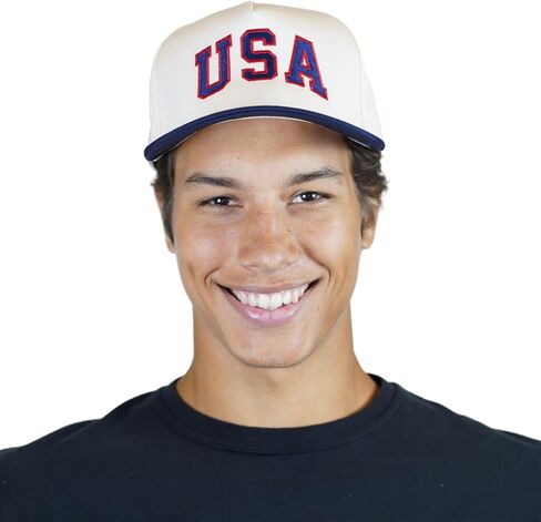 Dad Brand USA Structured Snapback Hat for Men - Embroidered Patriotic Logo, Two-Tone Cream and Navy, Adjustable Snap Closure, 5-Panel High-Profile Cap - Gift for Dads and Sports Fans in Kuwait